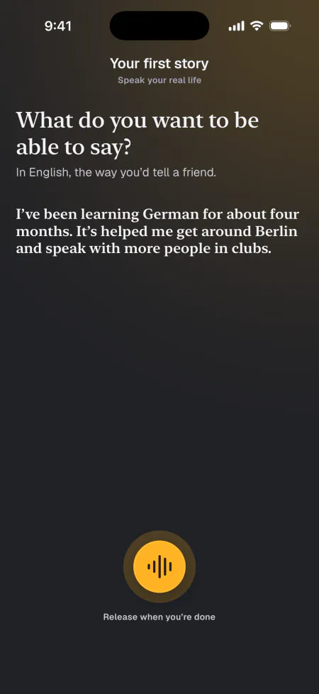 Telling a story in English with the mic held: “I’ve been learning German for about four months. It’s helped me get around Berlin and speak with more people in clubs.”