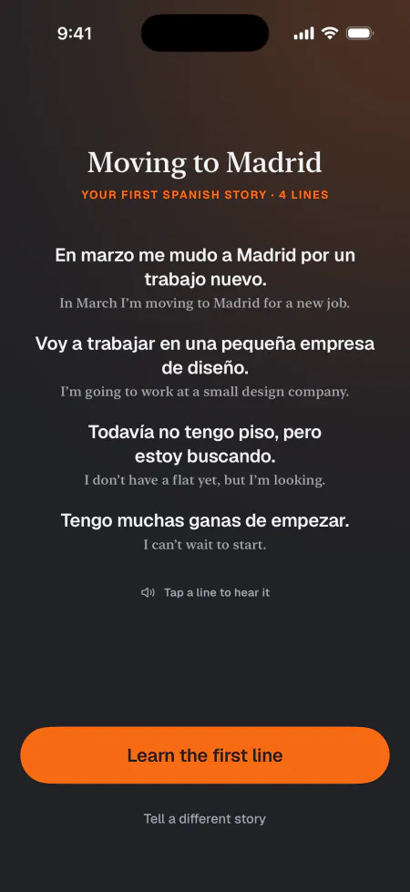 The story, written: Moving to Madrid, four short lines in Spanish, each with its English underneath, and a button to learn the first line.