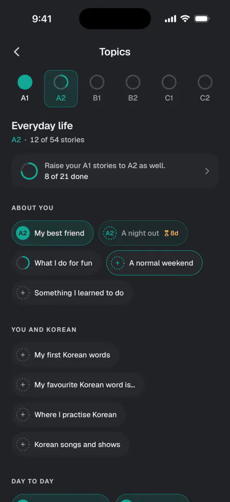 Topics for Korean: the levels A1 to C2 along the top, then things to talk about, like My best friend and A normal weekend, each with its story’s level.